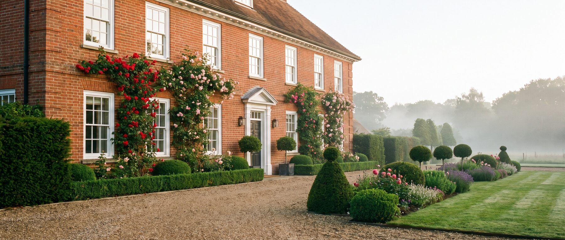 A red-brick Georgian country house near Ascot at golden hour